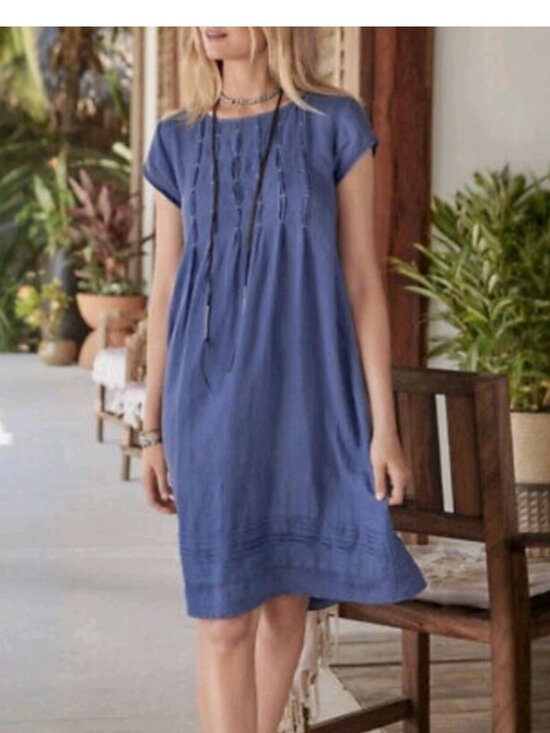 Sundance Dresses & Skirts - Sundance Viv 100% Linen Shift Dress Blue Sz Small Cap Sleeve Midi Boho